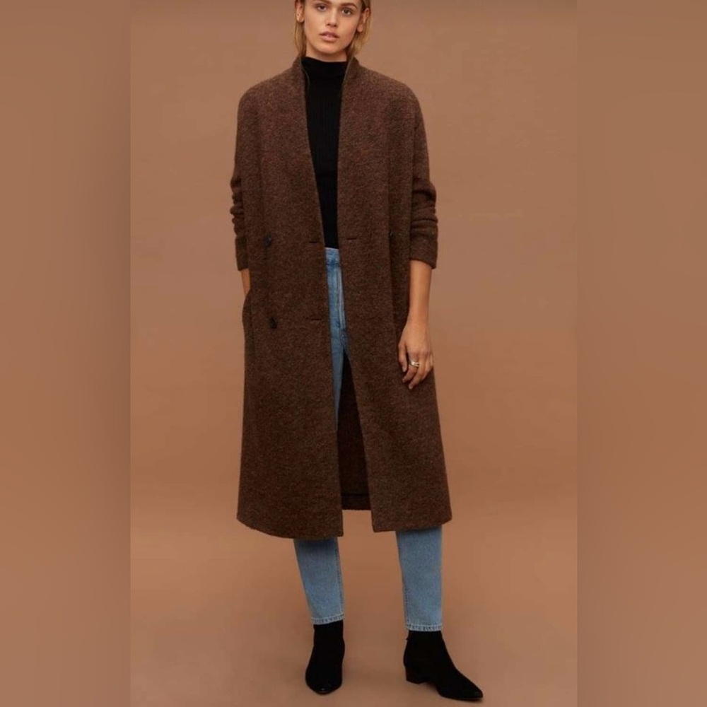 Aritzia Long Brown Open-Front Wool Blend Coat